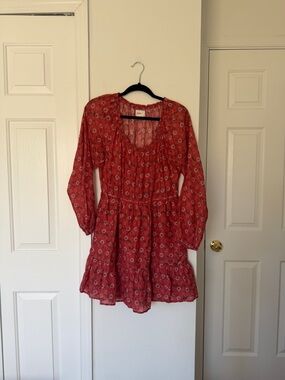 XiRENA Coral Pink Floral Ruffled Silk and Cotton Dress